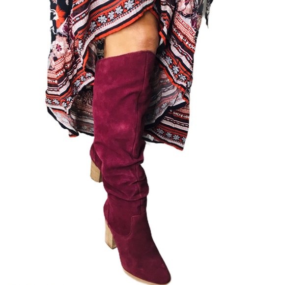 NineWest Suede Wine High Shaft Slouch Heeled Boots - Picture 9 of 15